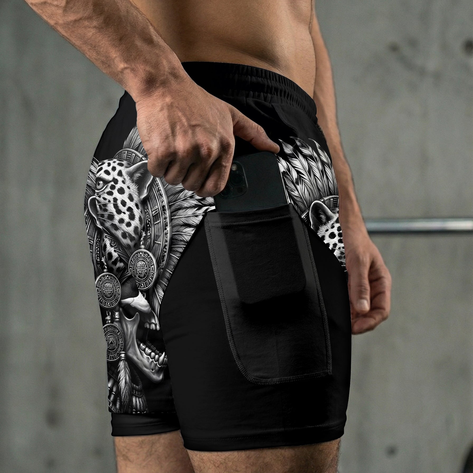 Roaring Jaguar Knight Aztec Skull Men's 2 in 1 Gym Shorts 11571