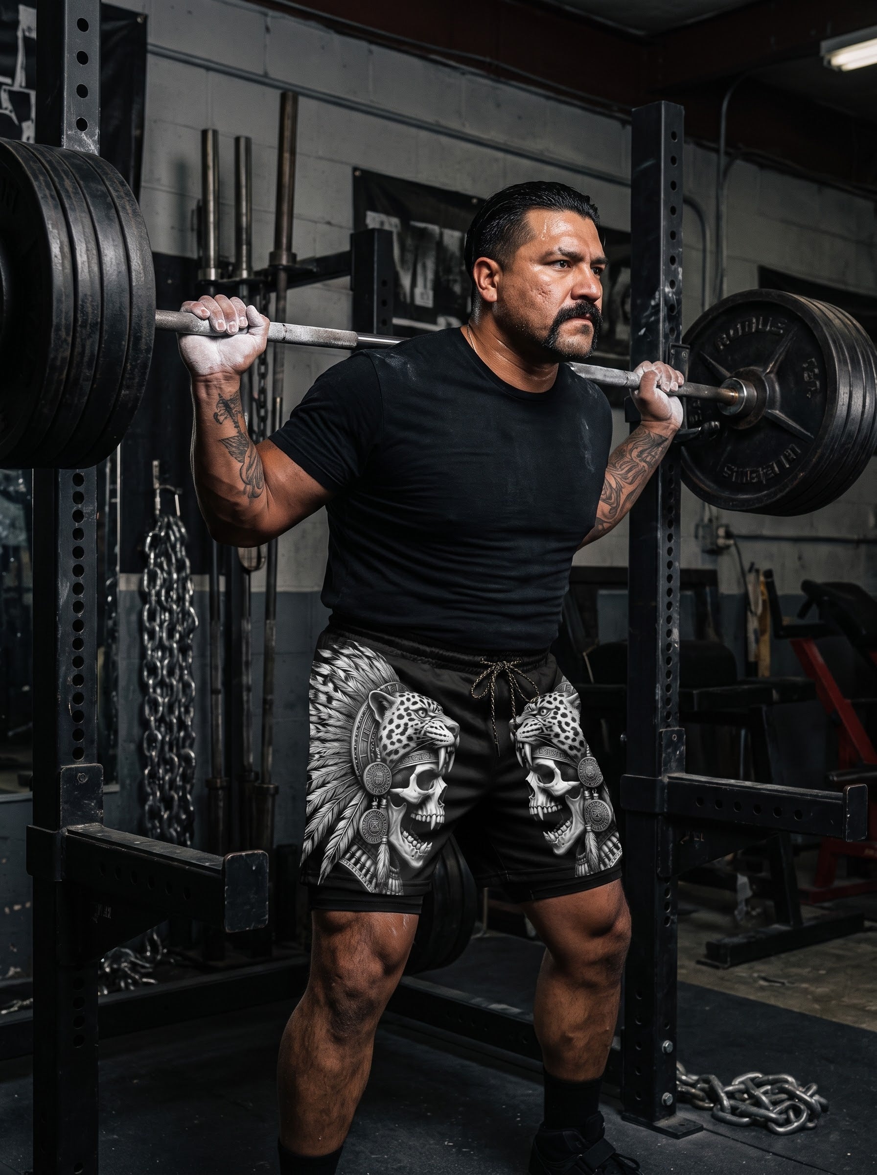Roaring Jaguar Knight Aztec Skull Men's 2 in 1 Gym Shorts