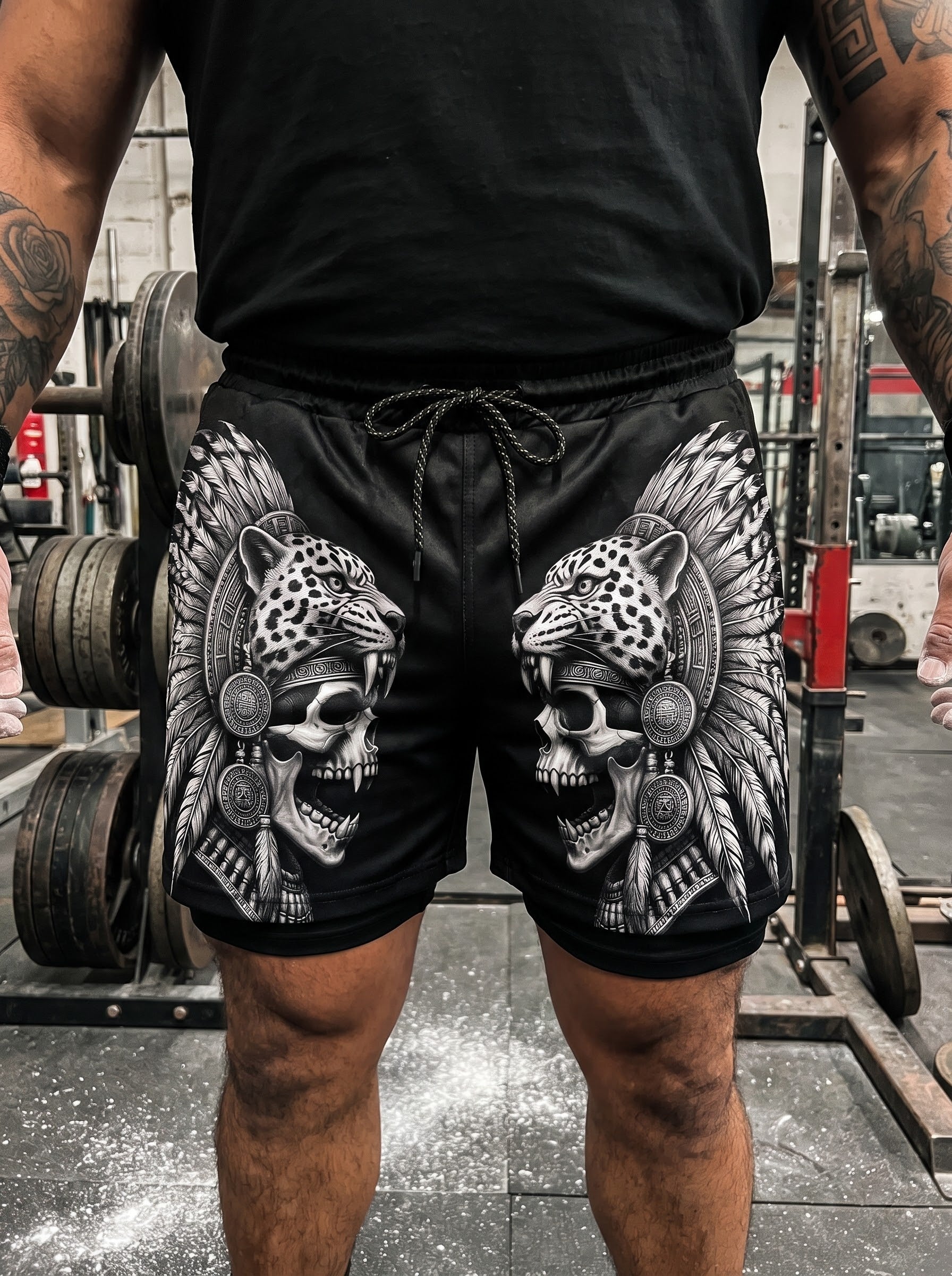 Roaring Jaguar Knight Aztec Skull Men's 2 in 1 Gym Shorts