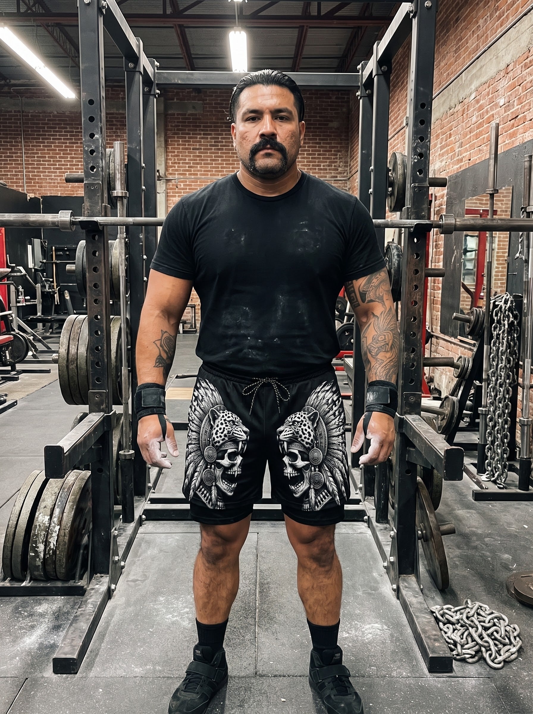 Roaring Jaguar Knight Aztec Skull Men's 2 in 1 Gym Shorts