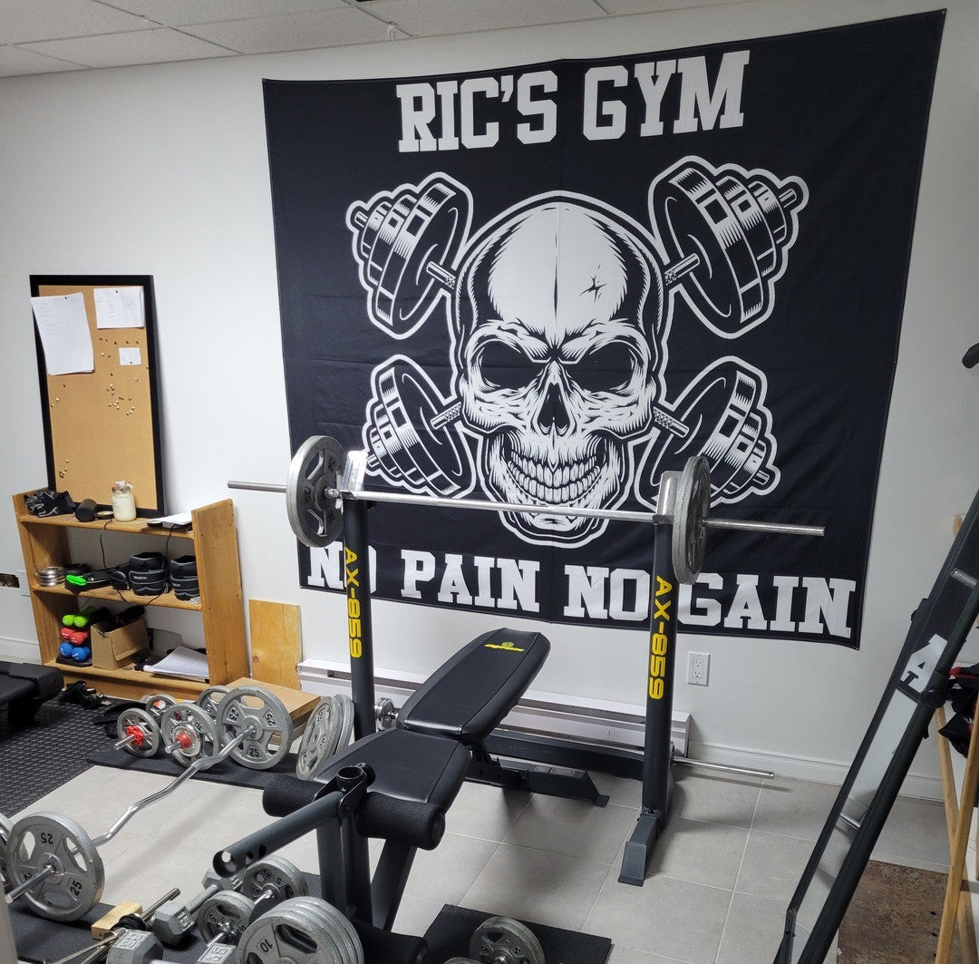 Monochrome Skull Dumbbell Crossing Gym Flag in Home Gym