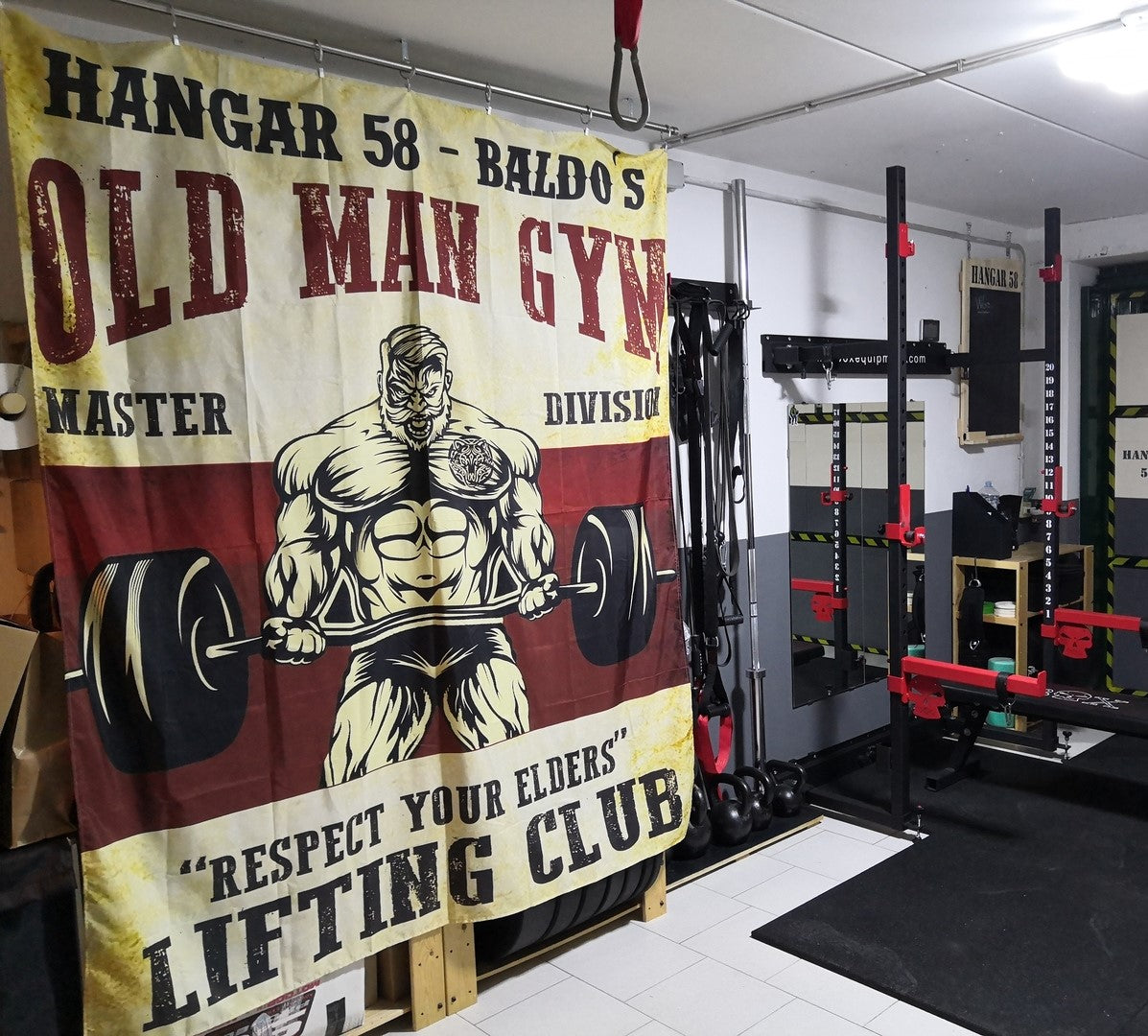 Old Man Weightlifting Flag for Garage Gym Decor