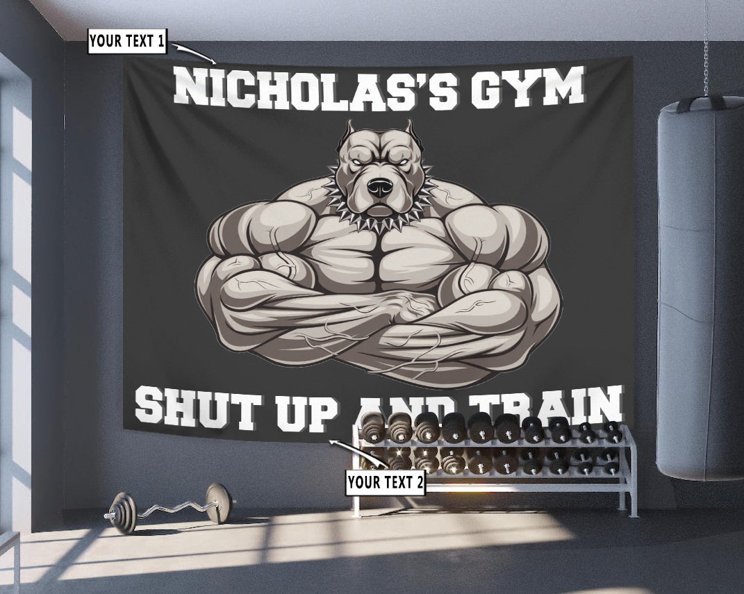 Personalized Home Gym Decor Muscle Strong Pitbull Banner Flag Tapestry