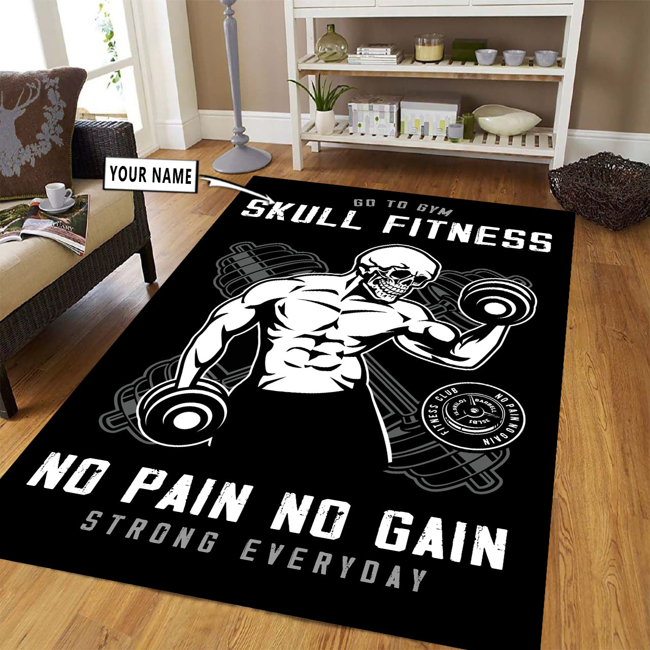 Skull Fitness Rug Home Gym Decor Motivational Quotes