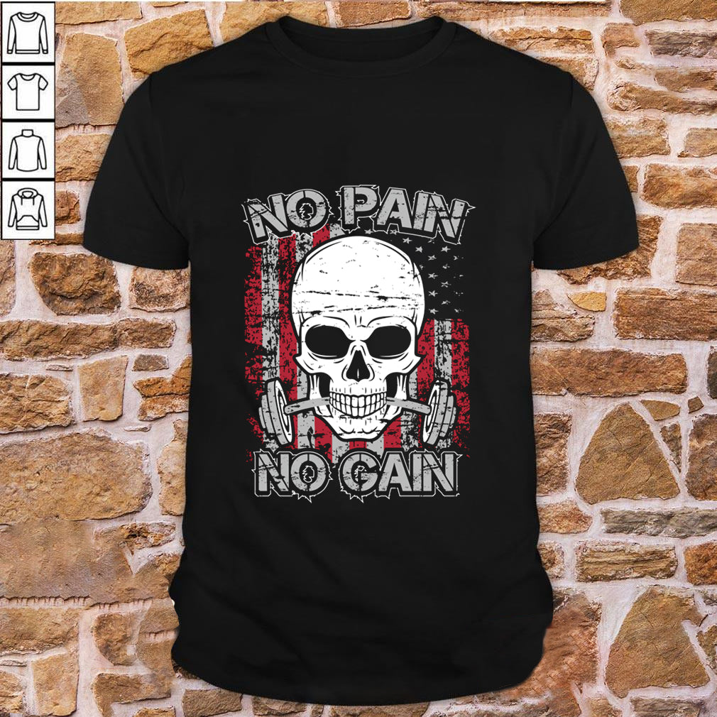 Gym T-shirts Skull Weightlifting Motivation Quotes No Pain No Gain 10954