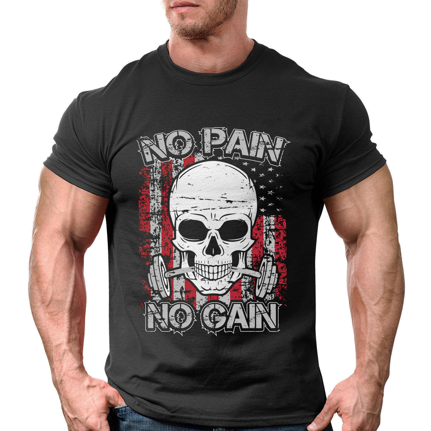 Gym Tshirts Skull Weightlifting Motivation Quotes No Pain No Gain
