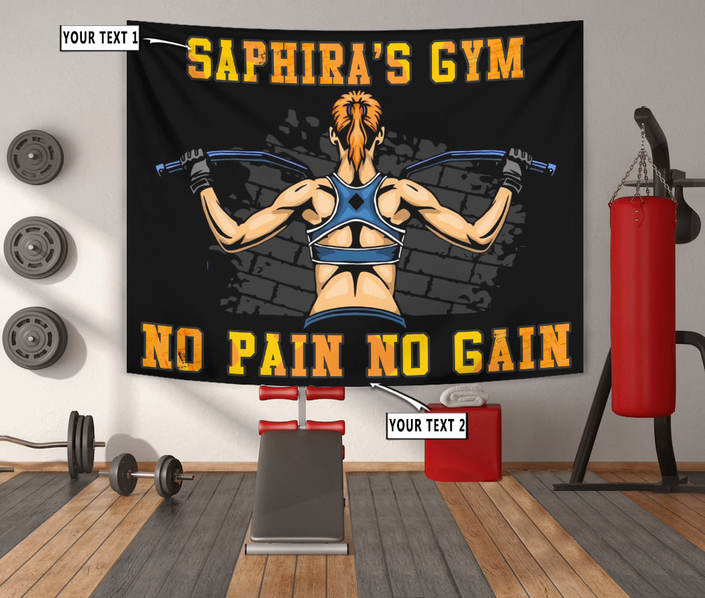 Personalized Fitness Home Gym Decor Girl No Pain No Gain Banner Flag Tapestry