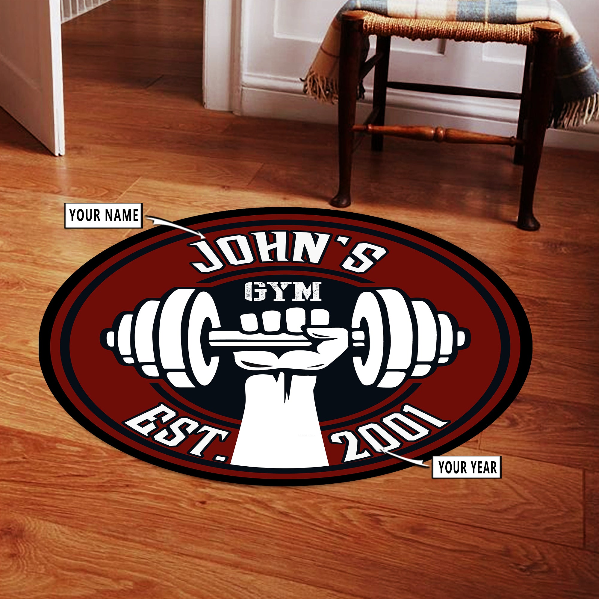 Personalized Gym Round Rug, Home Gym Decor, Bodybuilding gift