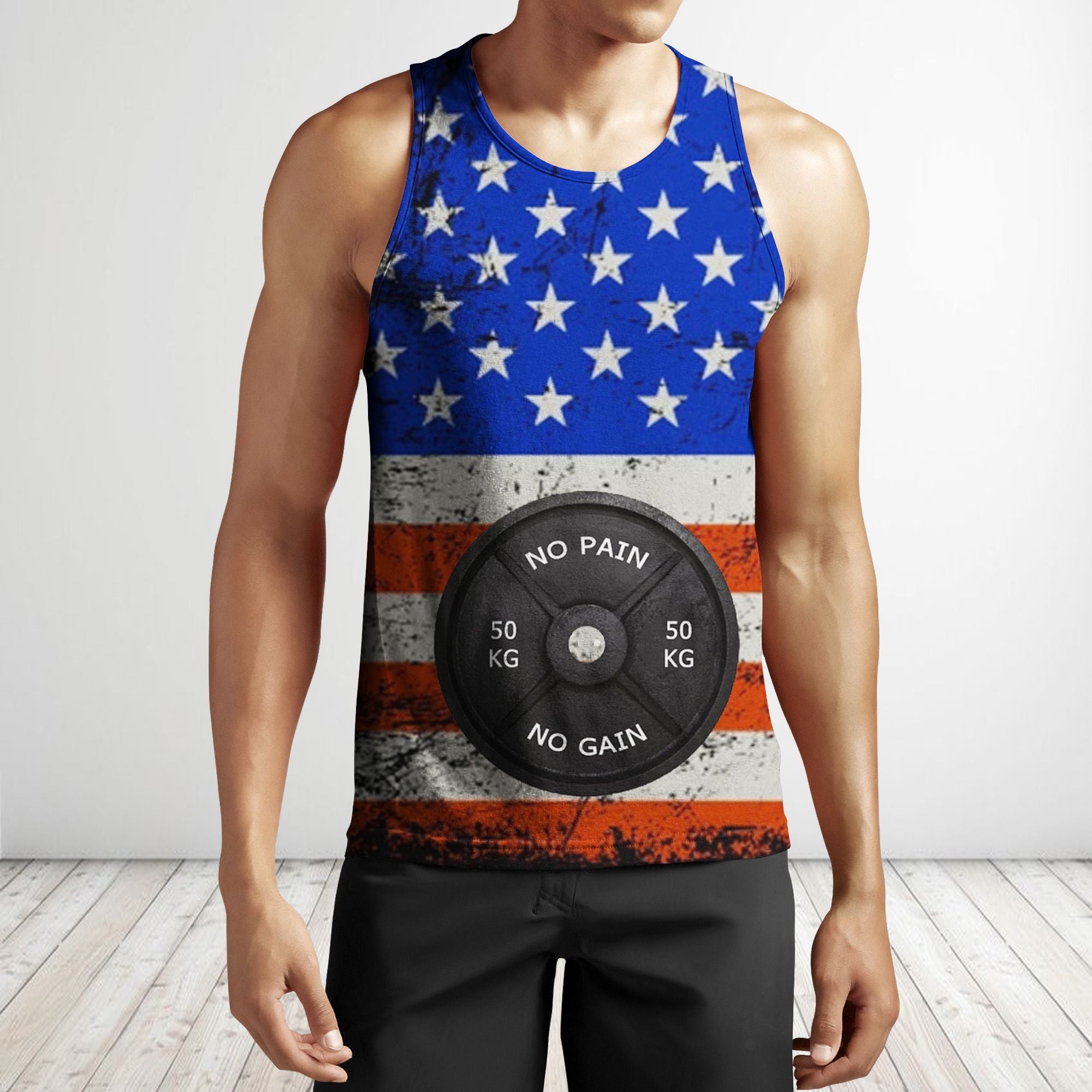Men Gym Tank Tops Motivational Shirts Weight Plate American Flag