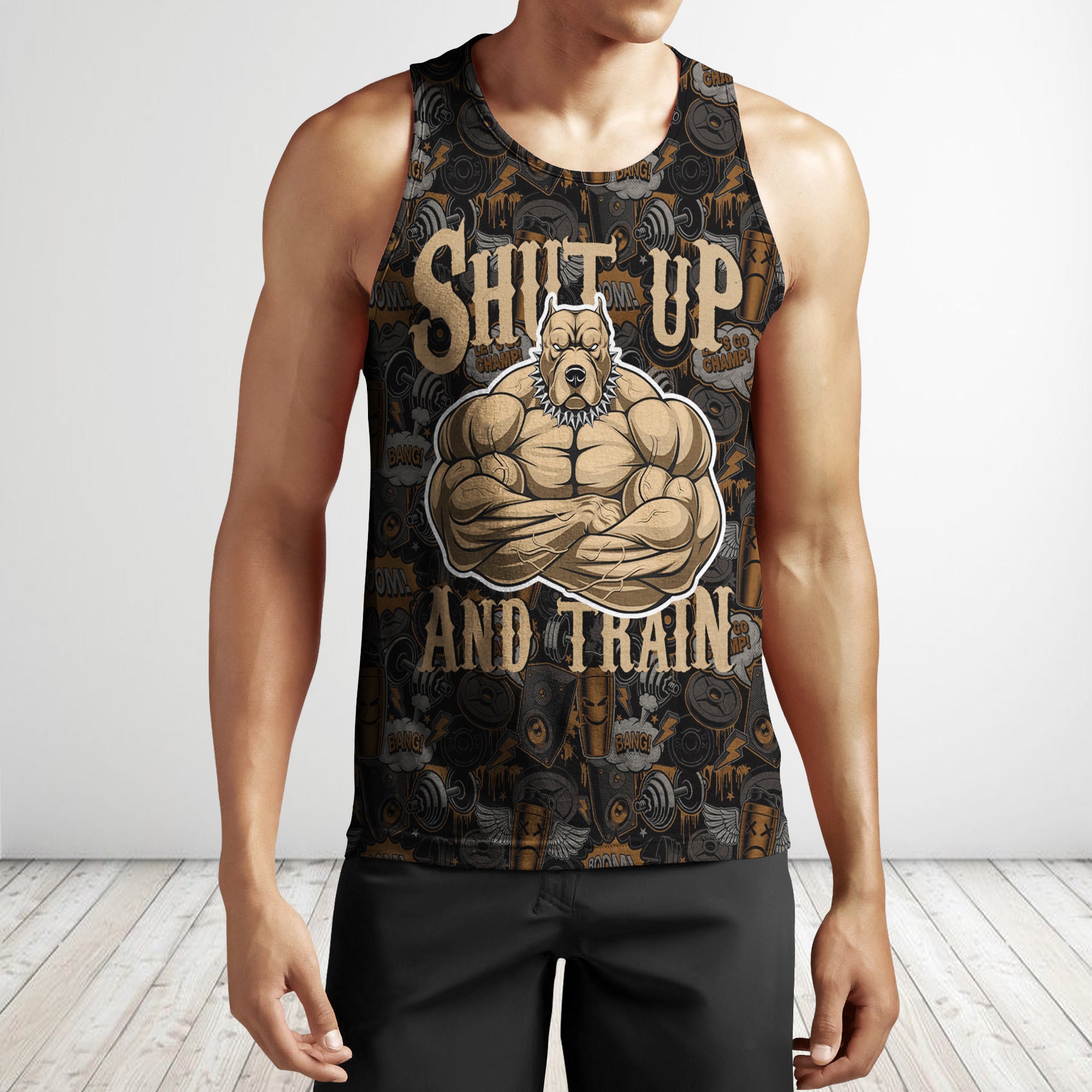 Personalised Men Gym Tank Tops Motivational Shirts Muscle Strong Pitbull Shut up and Train