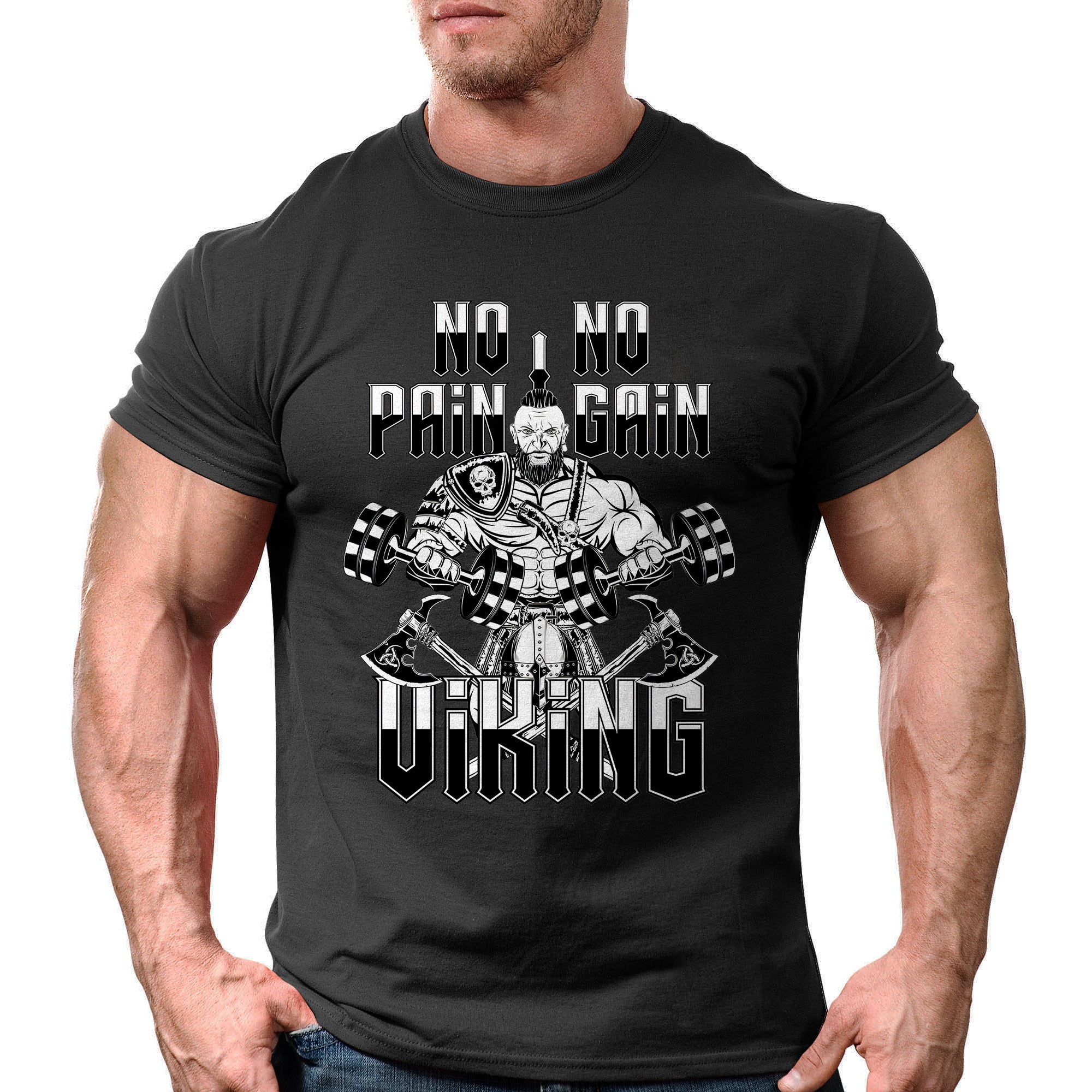 Gym T-Shirts Viking Man Muscle Motivation Quote No Pain No Gain 10969