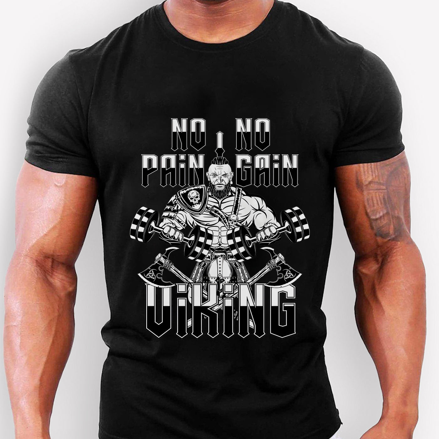 Gym T-Shirts Viking Man Muscle Motivation Quote No Pain No Gain