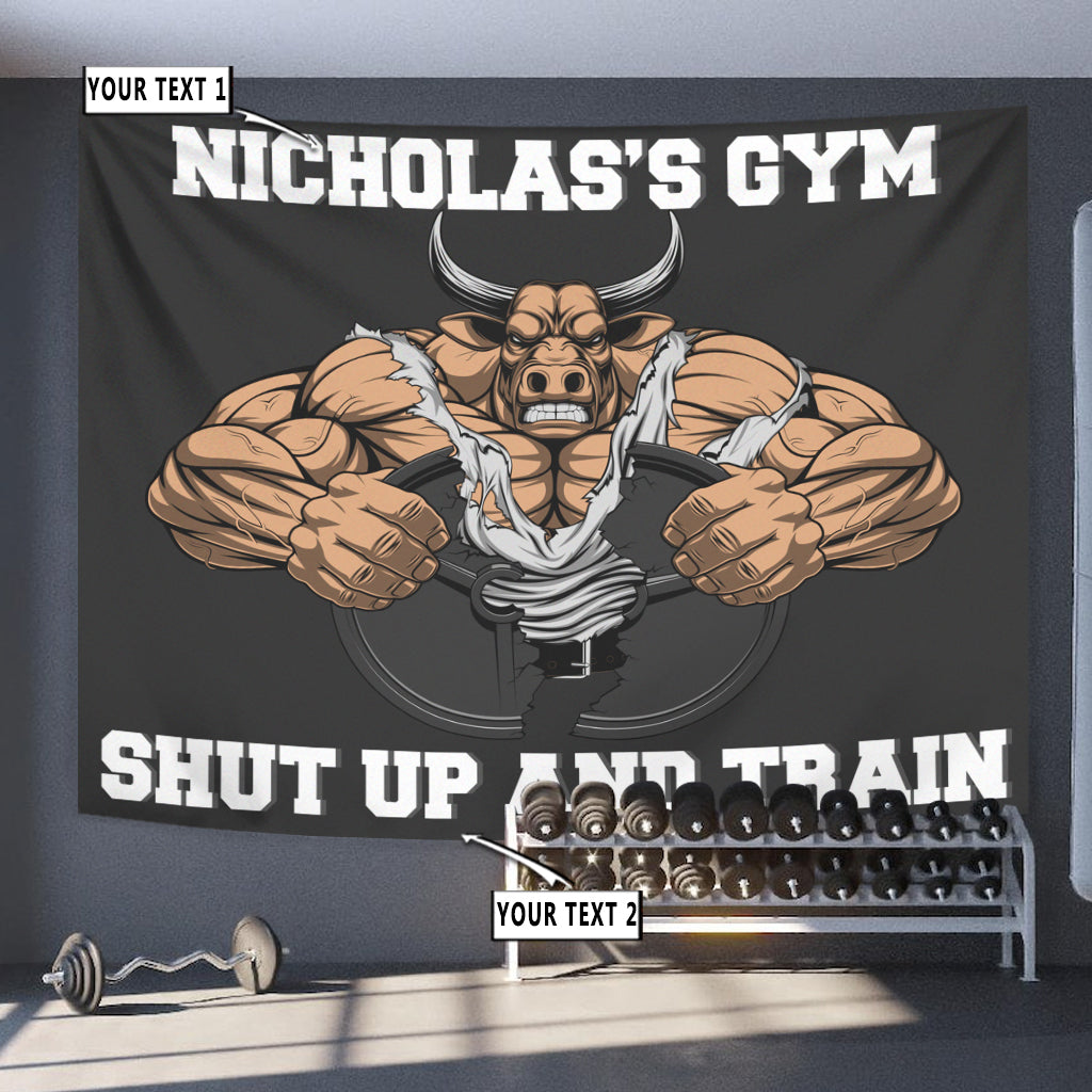 Personalized Home Gym Decor Muscle Strong Bull Banner Flag Tapestry