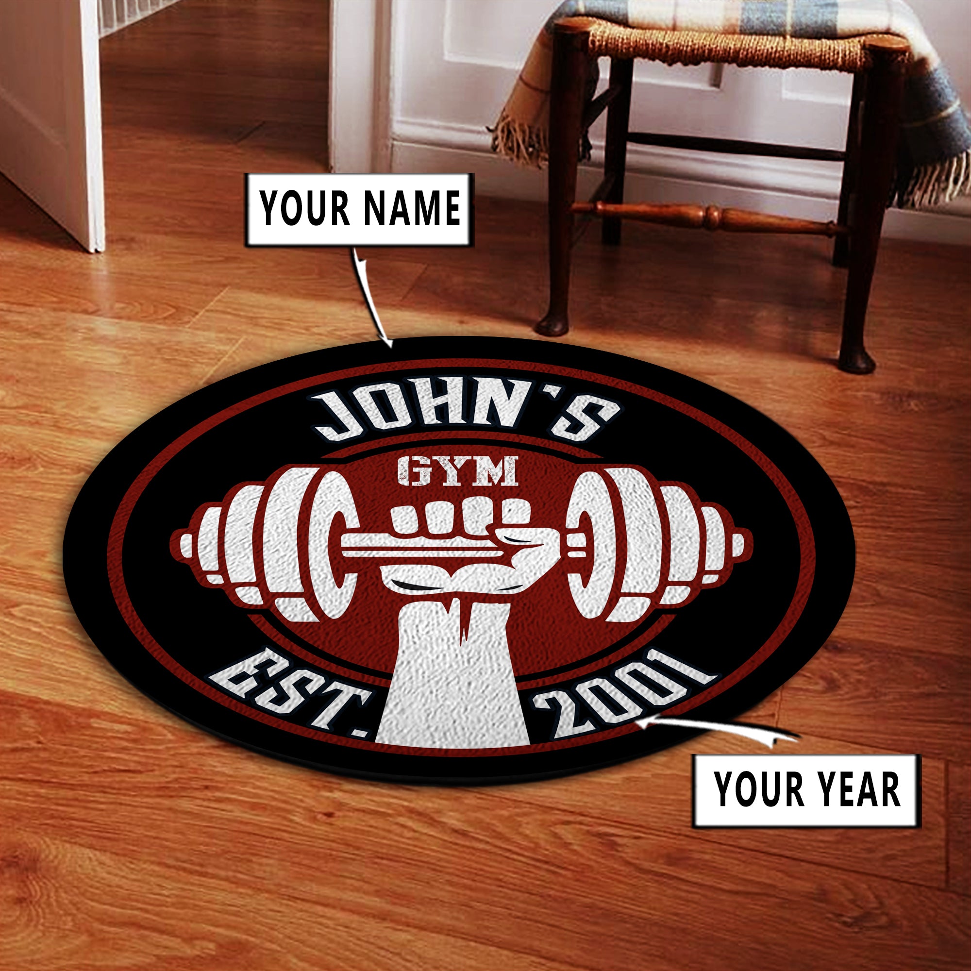 Personalized Gym Round Rug Home Gym Decor, Bodybuilding gift
