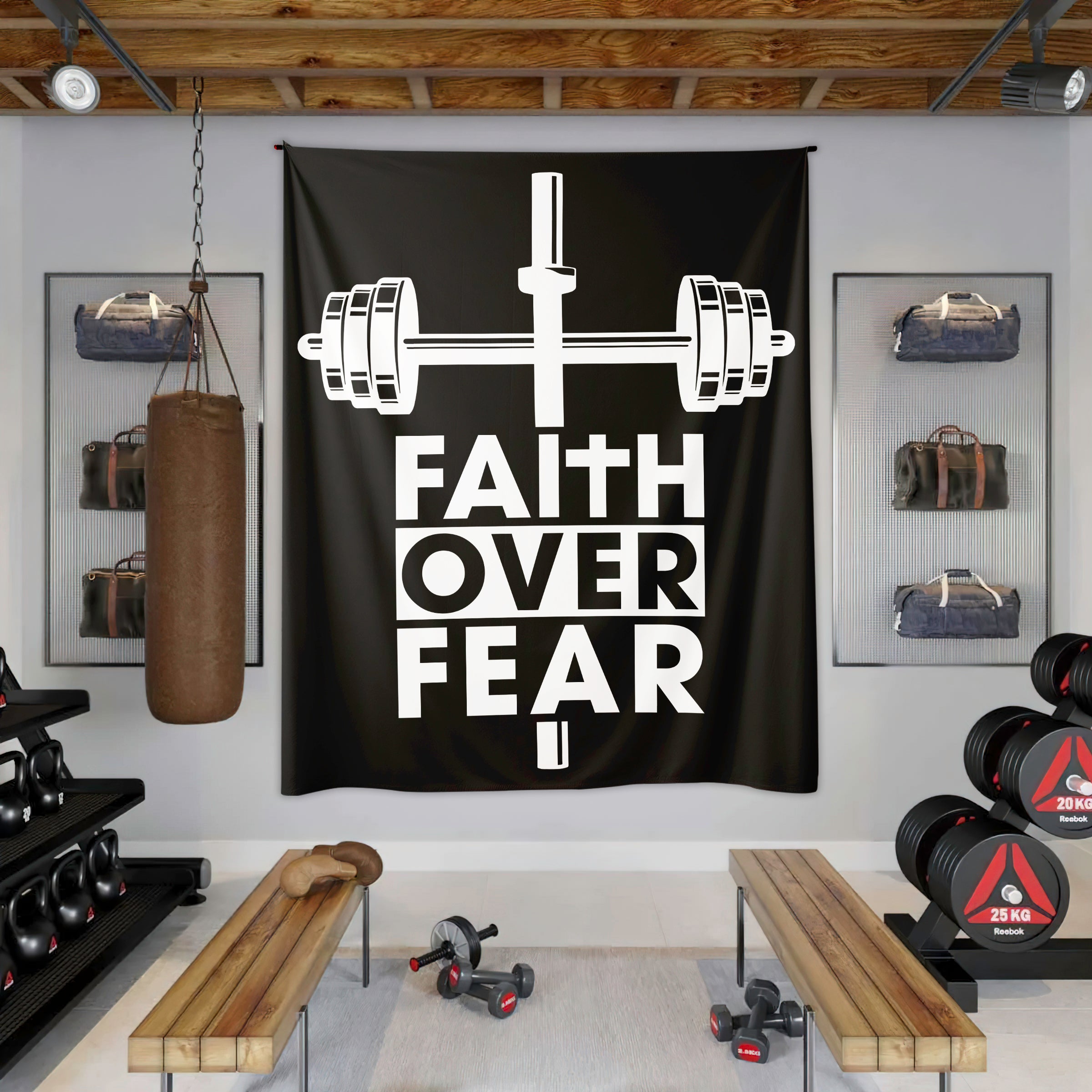 Faith Over Fear Dumbbell Cross Gym Flag