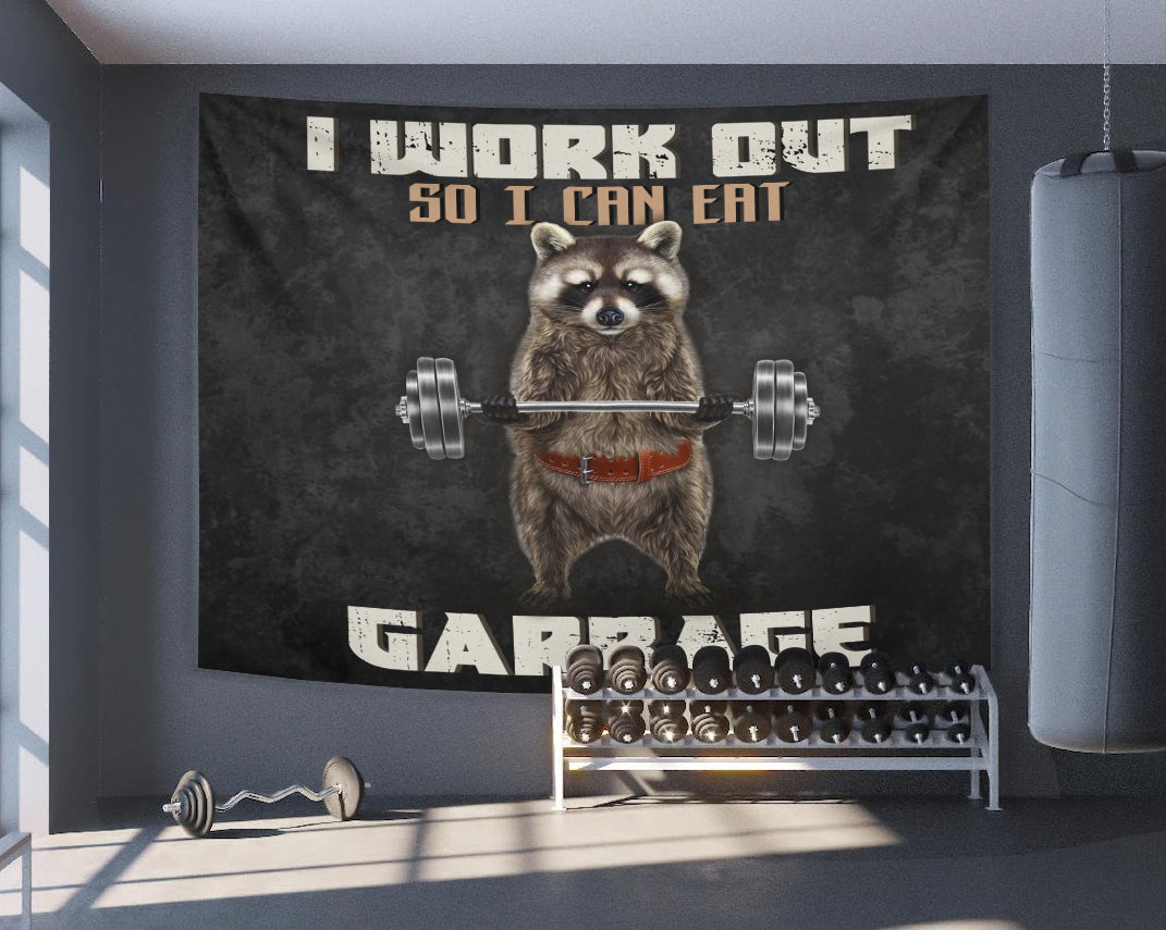 Personalized Funny Gym Flags Banner Tapestry Raccoon Weightlifting