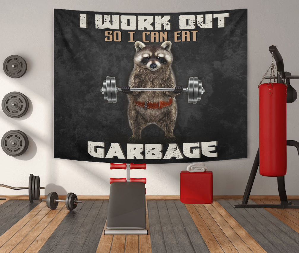 Personalized Funny Gym Flags Banner Tapestry Raccoon Weightlifting
