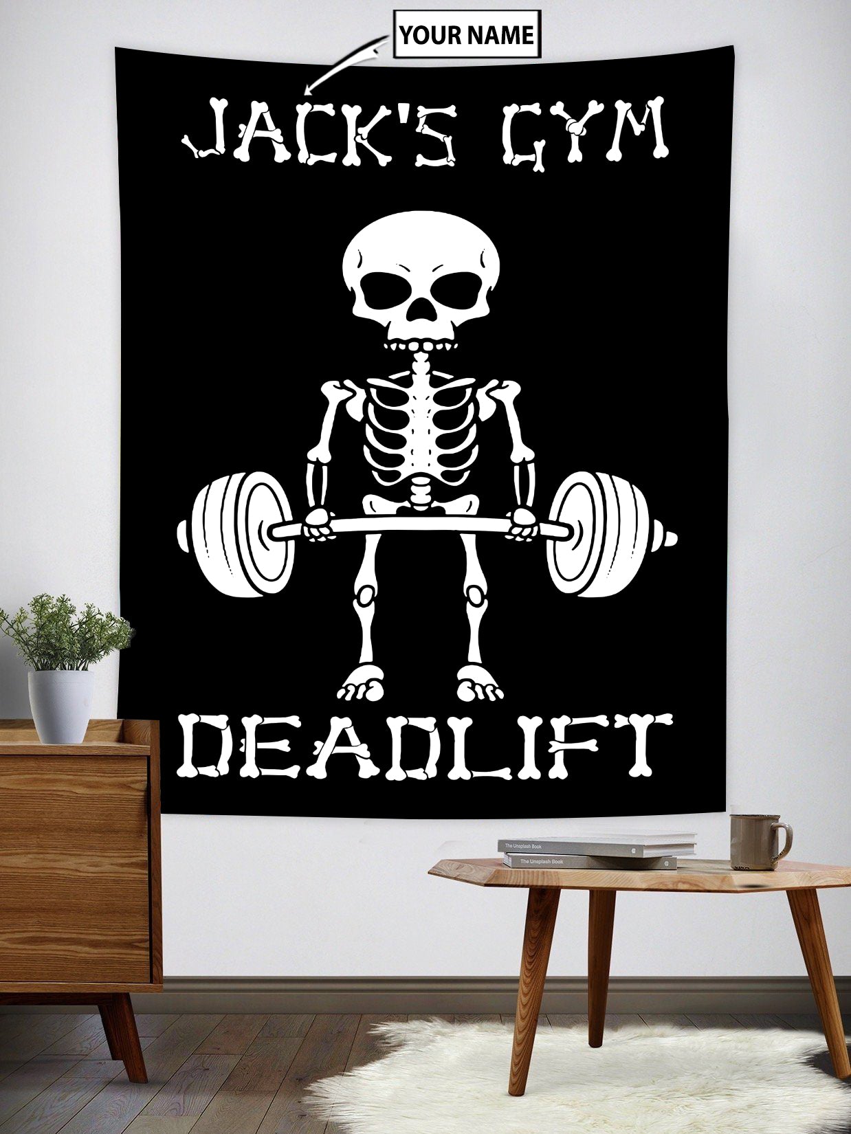 Personalized Weightlifting Banner Flag Tapestry Home Gym Decor Funny Skull Wall Art
