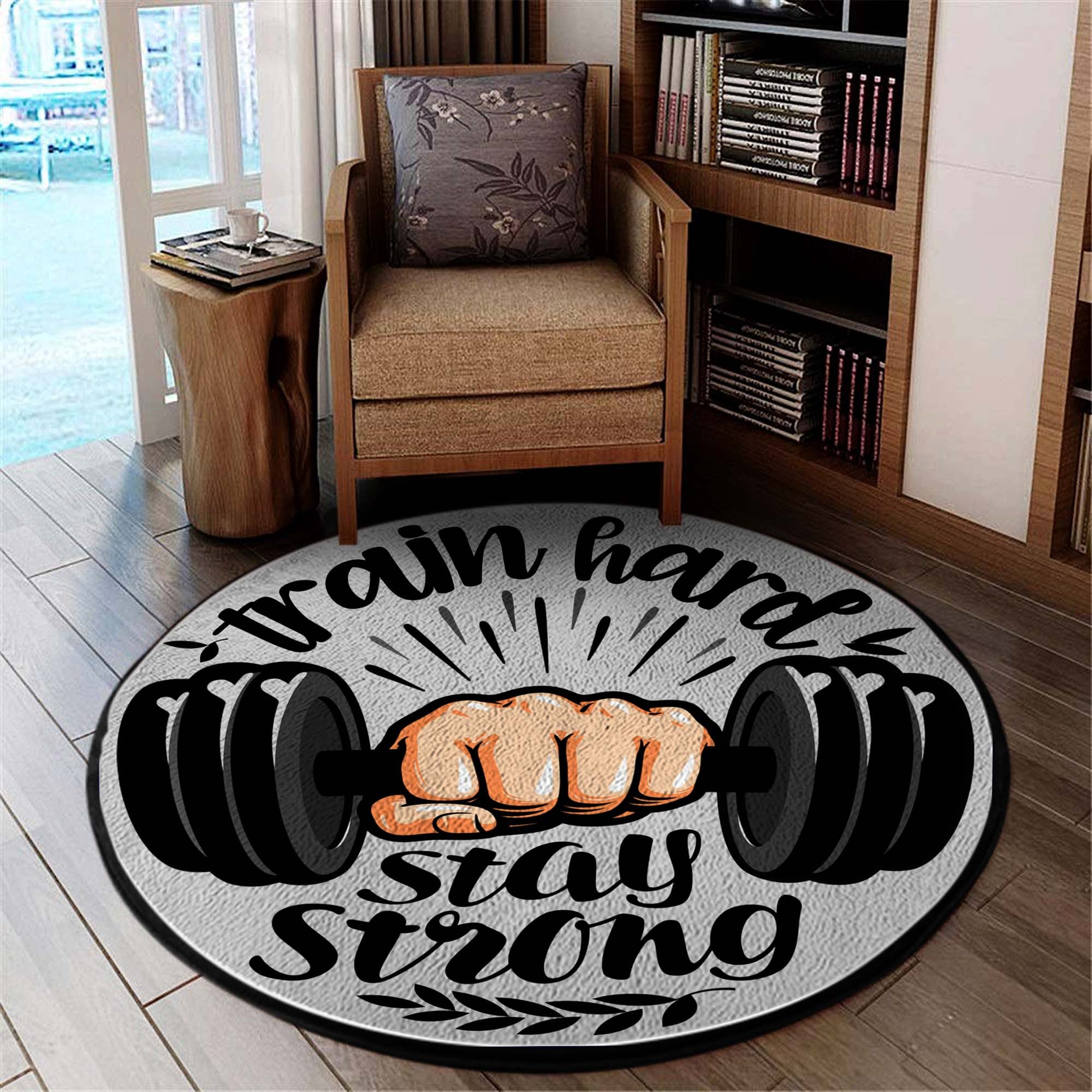 Bodybuilding Home Gym Decor Train Hard Stay Strong Round Rug