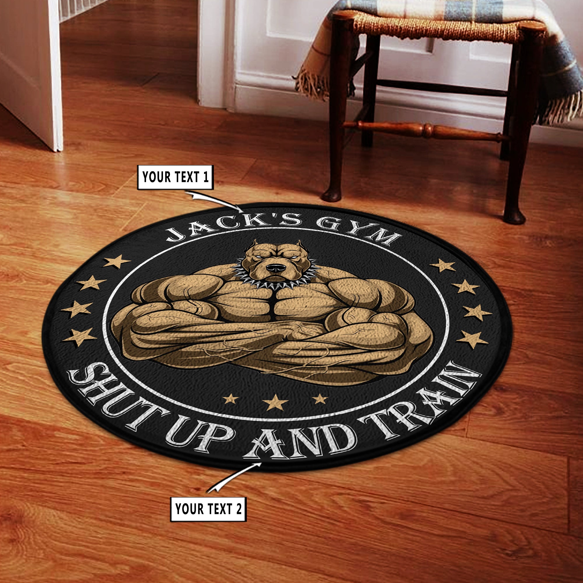 Personalized Home Gym Decor Muscle Strong Pitbull Round Rug, Carpet