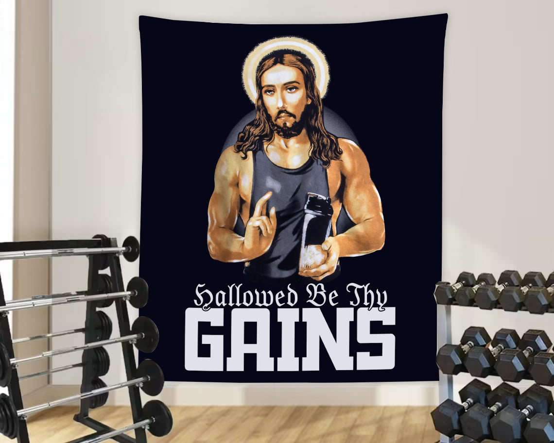 Funny Gym Flag Banner Hallowed be Thy Gains