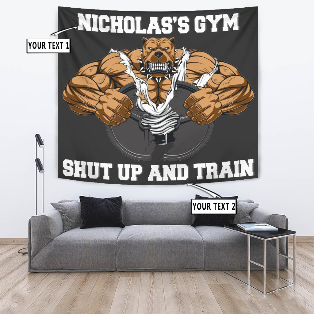 Personalized Home Gym Decor Muscle Strong Pitbull Banner Flag Tapestry