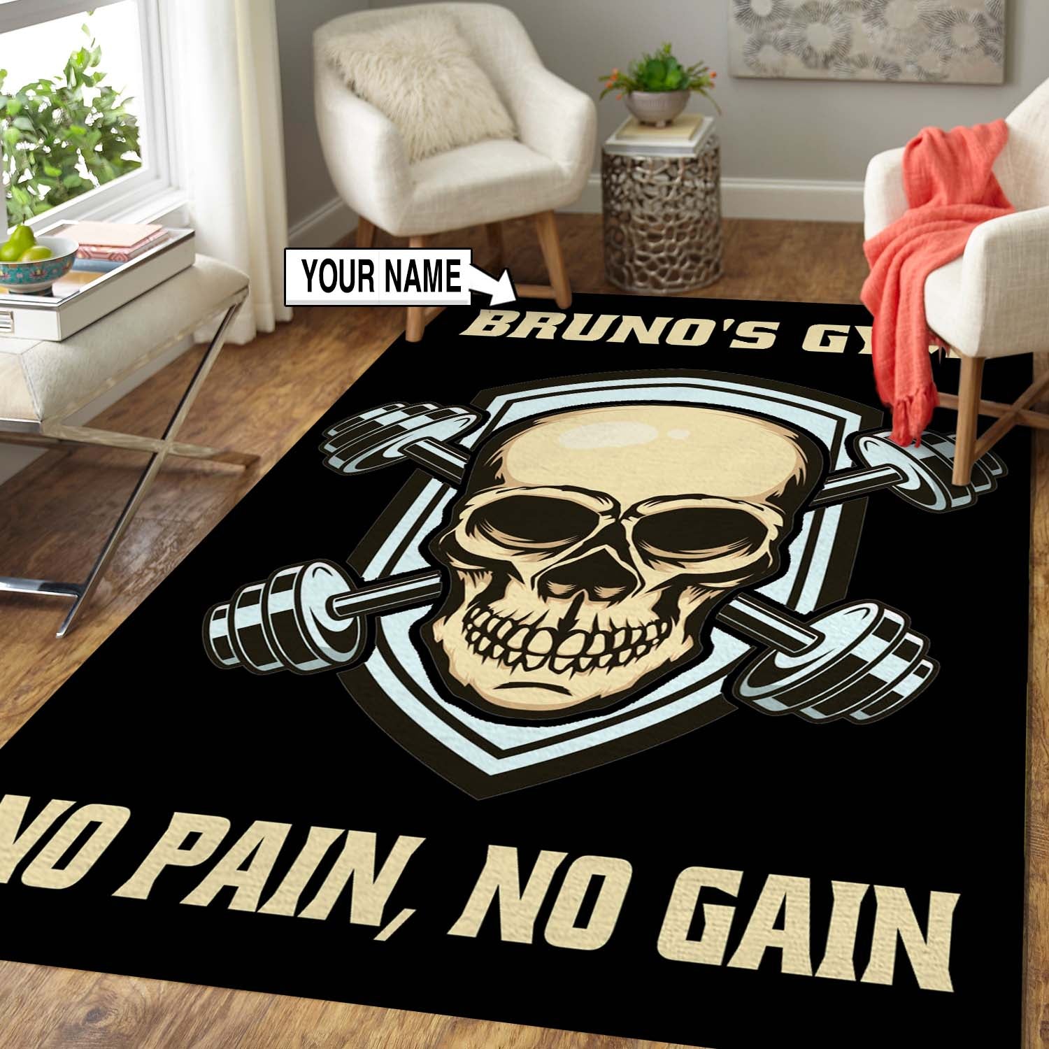 Personalized Fitness Rug Home Gym Decor Gym Gift Skull Dumbbell
