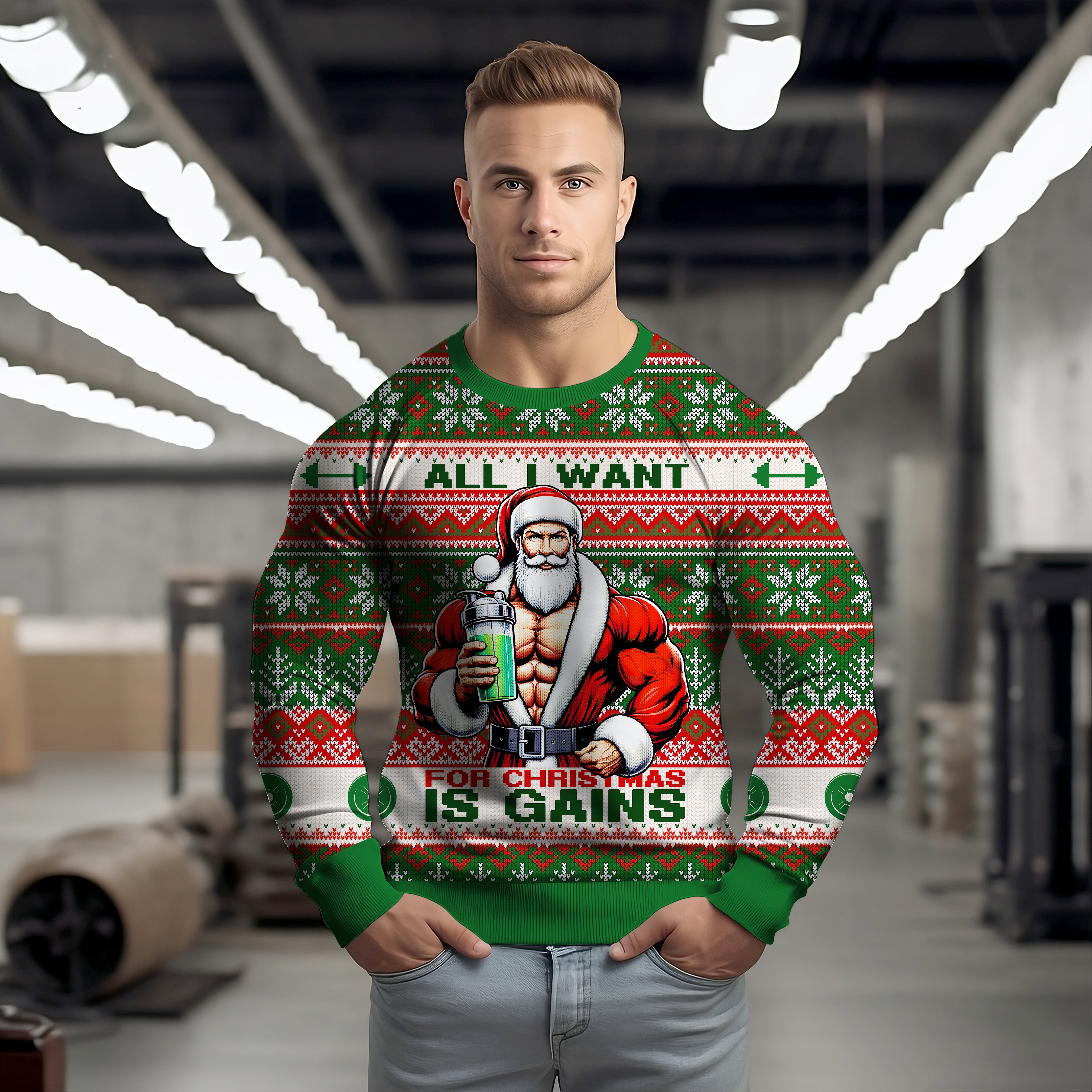 Gym Christmas Sweatshirt Santa All i want for christmas is gains