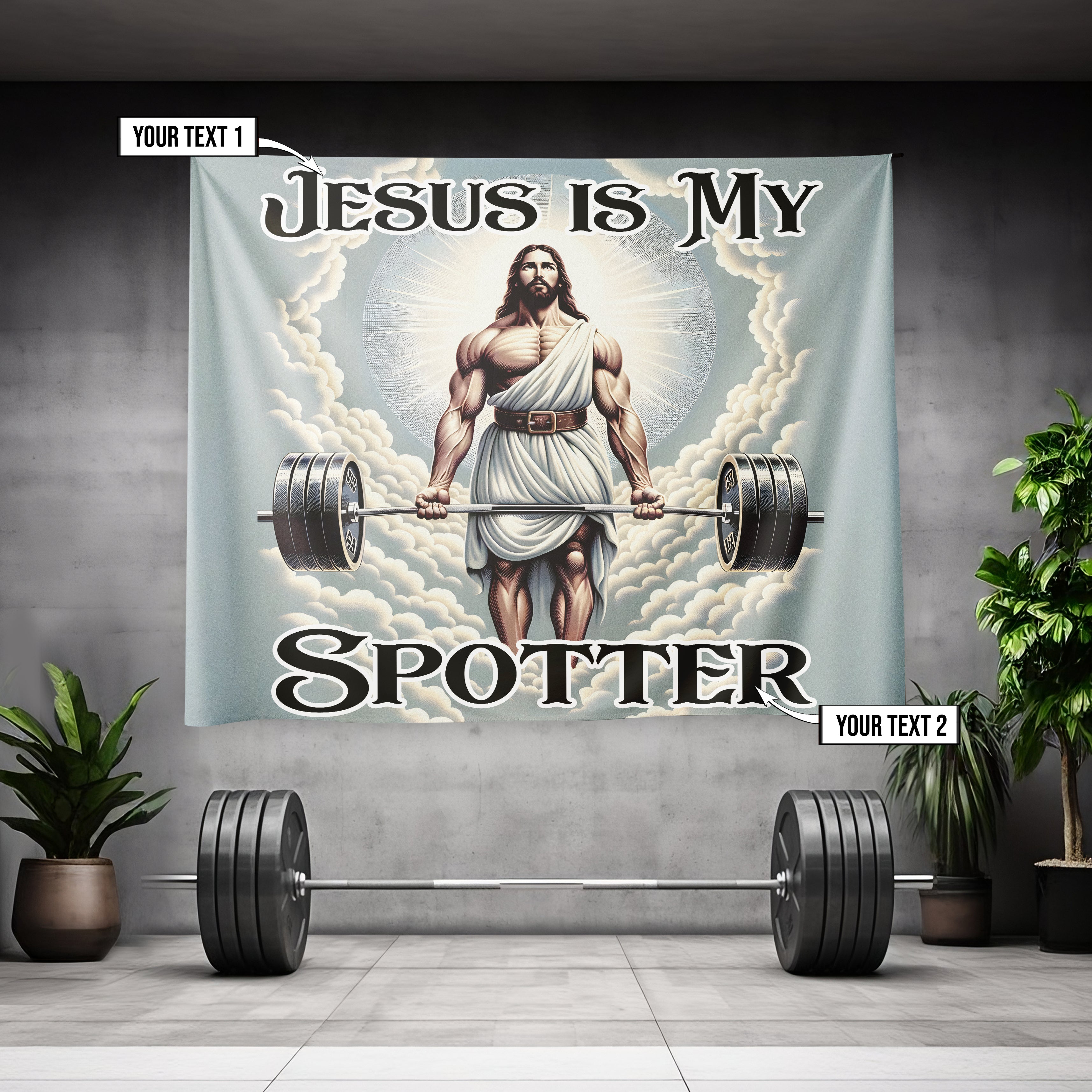 Gym Banner Jesus is My Spotter with Barbell and Lifting Belt