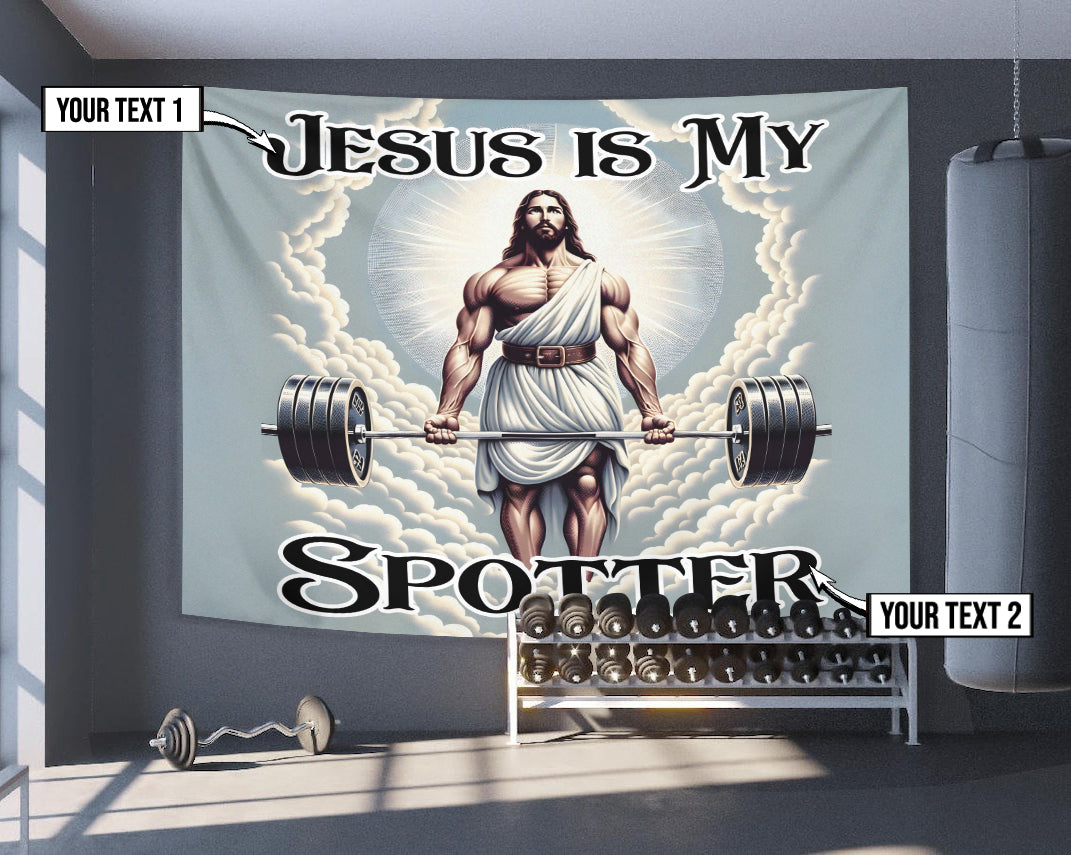 Gym Banner Jesus is My Spotter with Barbell and Lifting Belt Best Fitness Gifts 11307