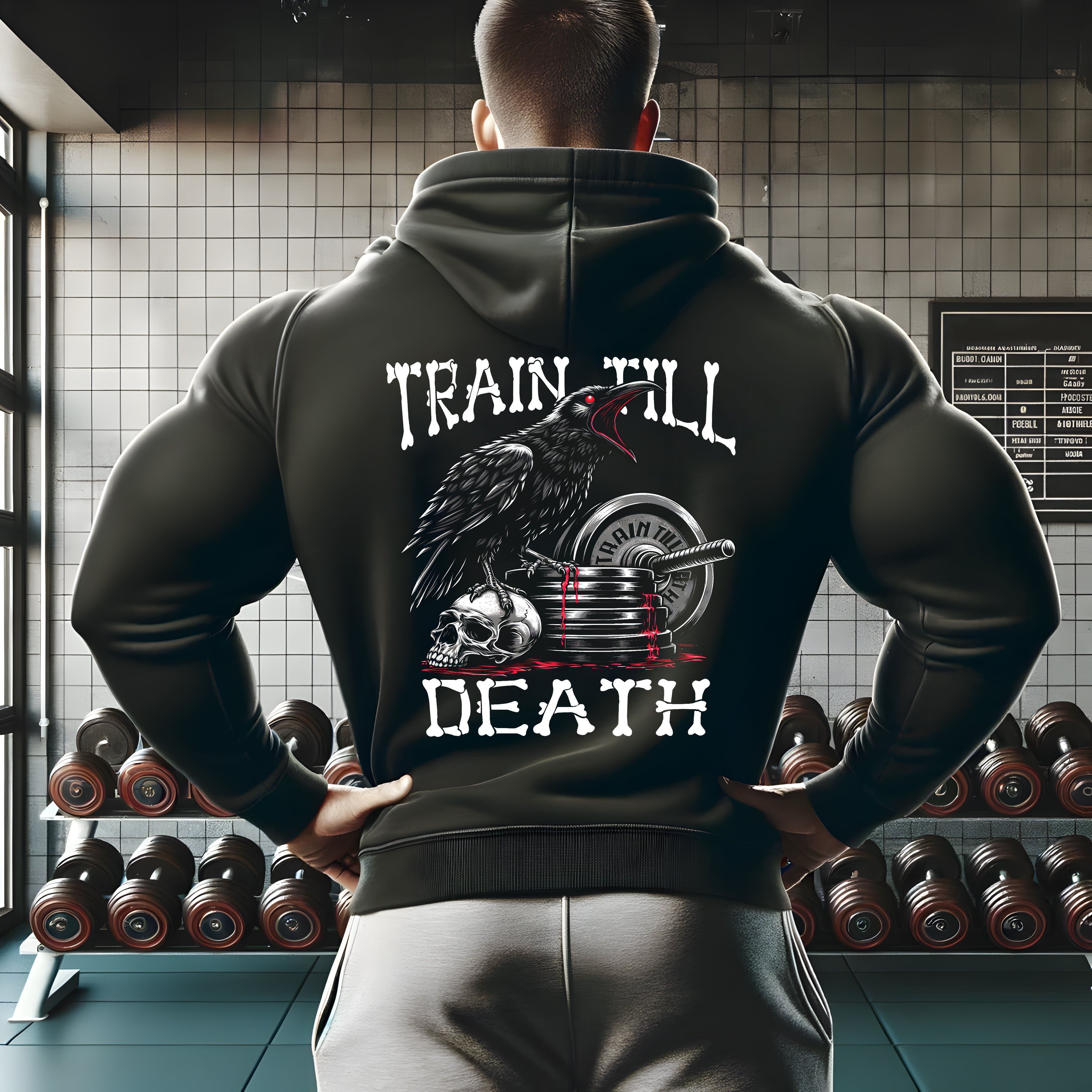 Train Till Death Raven and Skull Gym Hoodie