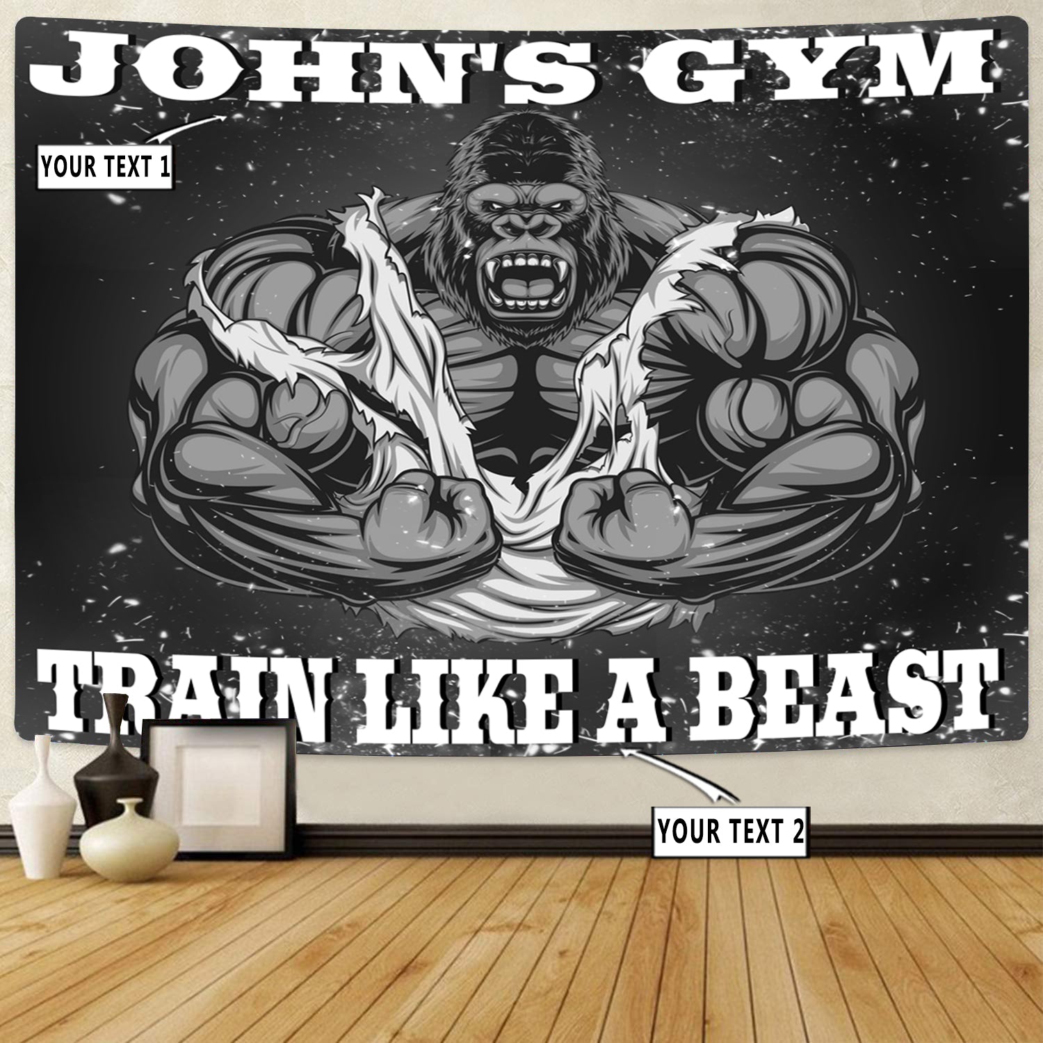 Personalized Home Gym Decor Muscle Gorilla Train Like A Beast Banner Flag Tapestry