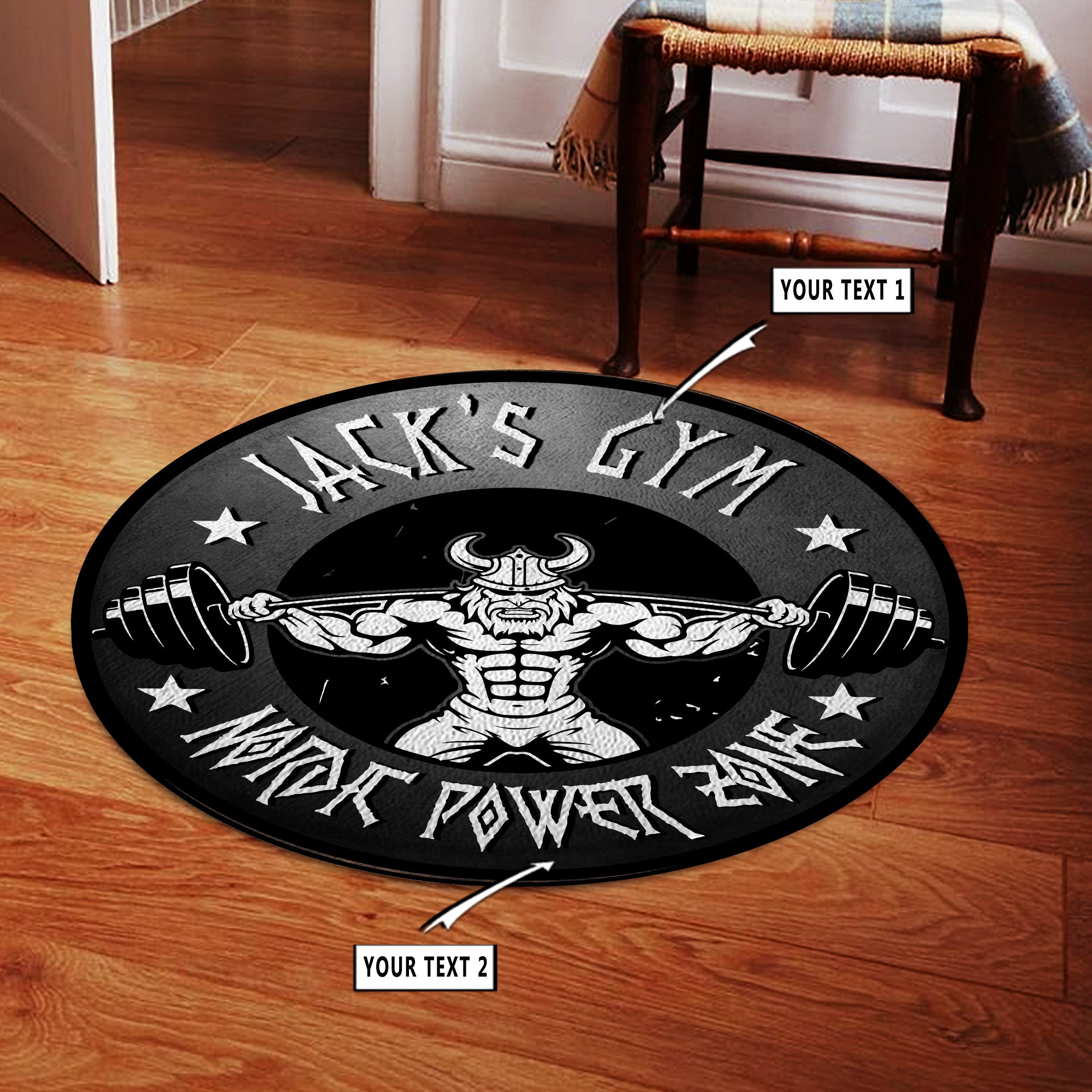 Personalized Gym Round Rug, Carpet For Home Gym, Fitness Club Viking Barbell