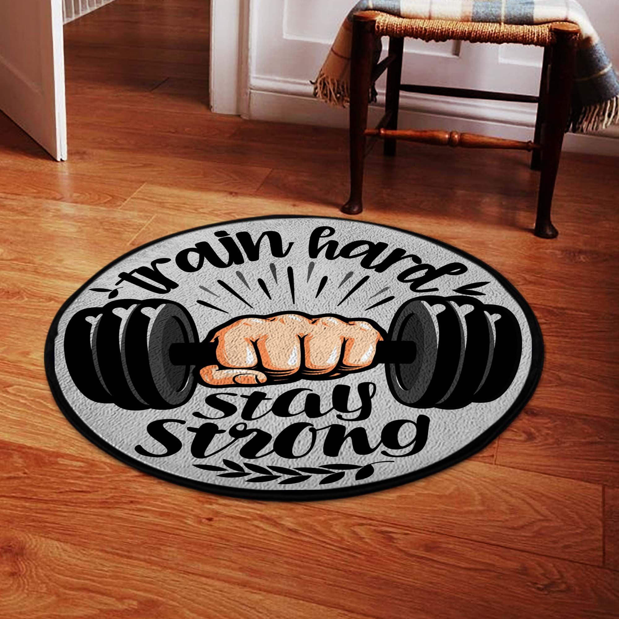 Bodybuilding Home Gym Decor Train Hard Stay Strong Round Rug, Carpet
